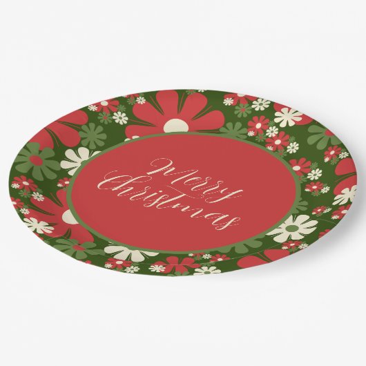 Retro 60er 70er Floral Frohe Weihnachtsschrift Pappteller (Schrägansicht)