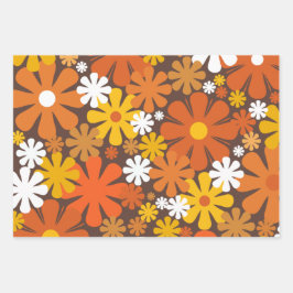 Retro 60er 70er Floral Muster Brown und Orange Geschenkpapier Set