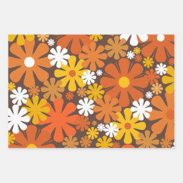 Retro 60er 70er Floral Muster Orange und Braun Geschenkpapier Set