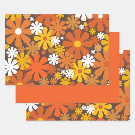 Retro 60er 70er Floral Muster Orange und Braun Geschenkpapier Set (Set)
