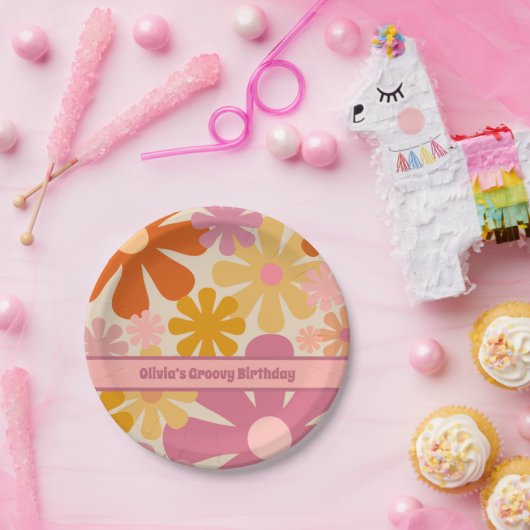 Retro 60er 70er Floral Pattern Personalisiert Pappteller (Party)