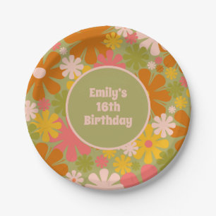 Retro 60er 70er Floral Personalisierter Geburtstag Pappteller