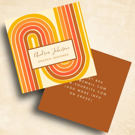 Retro 60er 70er Geometric Rainbow 60Waves Quadratische Visitenkarte