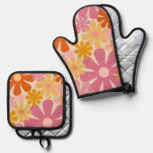Retro 60er 70er Groovy Floral Muster Ofenhandschuh & Topflappen-Set (Vorderseite/Rückseite)