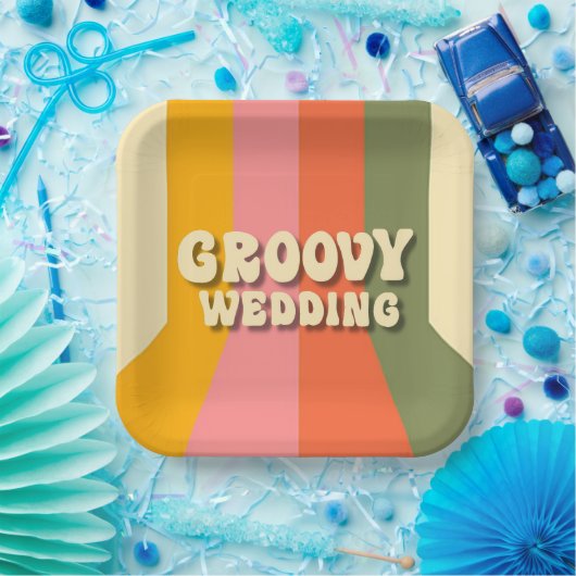 Retro 60er 70er Hippie Groovy Stripes Wedding Pappteller (Party)