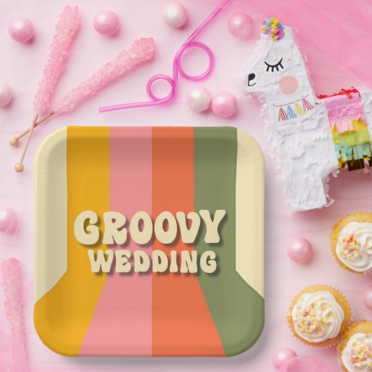Retro 60er 70er Hippie Groovy Stripes Wedding Pappteller (Party)