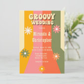 Retro 60er 70er Hippie Stripes Blume Groovy Weddin Einladung (Stehend Vorderseite)