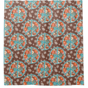 RETRO 60er 70er Hippy Blumen Frieden Zeichen Braun Duschvorhang