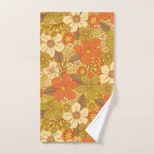Retro 60er/70er Orange/Olive Green Floral Badhandtuch Set (Handtuch)
