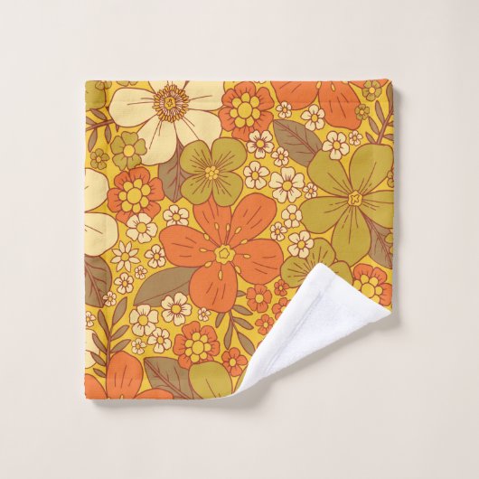 Retro 60er/70er Orange/Olive Green Floral Badhandtuch Set (Waschlappen)