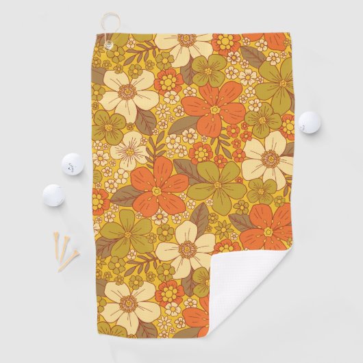 Retro 60er/70er Orange/Olive Green Floral Golfhandtuch (Insitu)