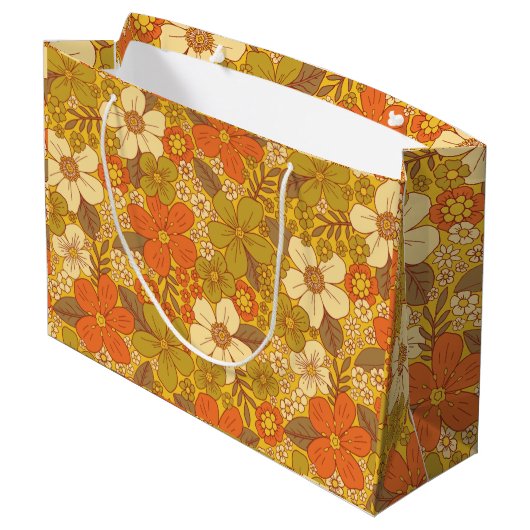 Retro 60er/70er Orange/Olive Green Floral Große Geschenktüte (Rückseite Schrägansicht)