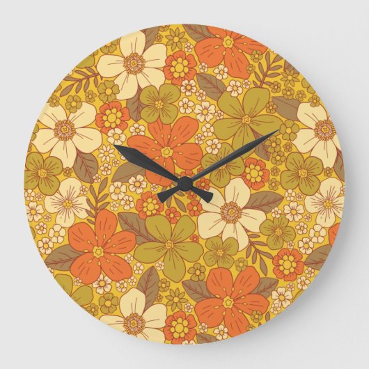 Retro 60er/70er Orange/Olive Green Floral Große Wanduhr (Vorderseite)