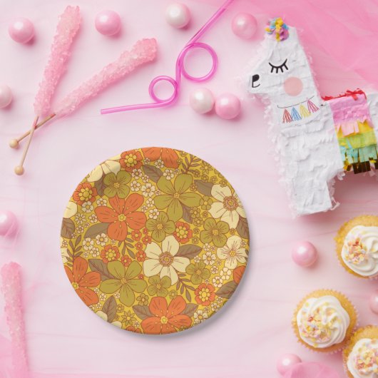 Retro 60er/70er Orange/Olive Green Floral Pappteller (Party)