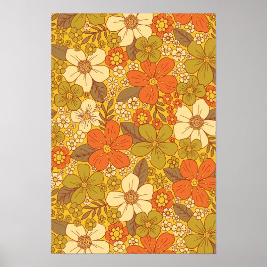 Retro 60er/70er Orange/Olive Green Floral Poster (Vorne)