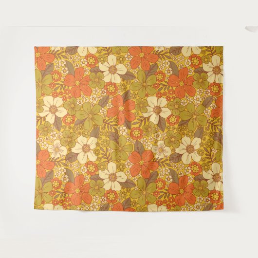 Retro 60er/70er Orange/Olive Green Floral Wandteppich (Vorderseite (Horizontal))