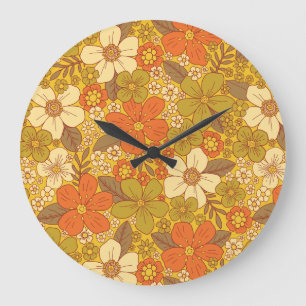 Retro 60er/70er Orange & Olivgrün Blumenmuster Große Wanduhr