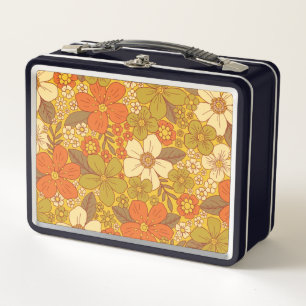 Retro 60er/70er Orange- und Olivgrün-Blumenmuster Metall Brotdose