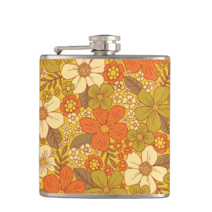 Retro 60er/70er Orange und Olivgrün floral Flachmann