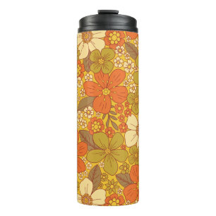 Retro 60er/70er Orange und Olivgrün floral Thermosbecher
