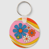 Retro 60er 70er Pink Floral mit Initial Schlüsselanhänger (Vorderseite)
