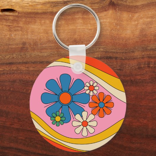 Retro 60er 70er Pink Floral mit Initial Schlüsselanhänger (Vorderseite)