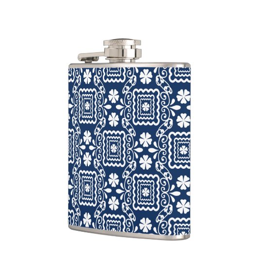 Retro-60er blaue Blumenmuster Flachmann (Links)