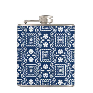 Retro-60er blaue Blumenmuster Flachmann