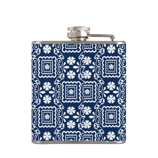 Retro-60er blaue Blumenmuster Flachmann (Rückseite)