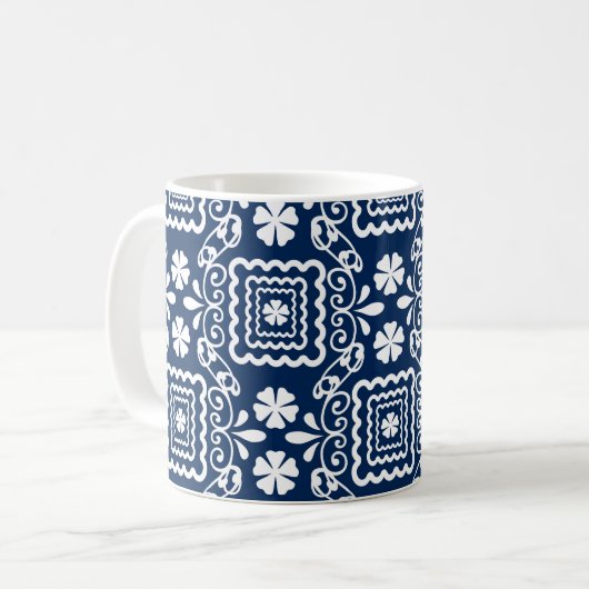 Retro-60er blaue Blumenmuster Kaffeetasse (Vorderseite Links)