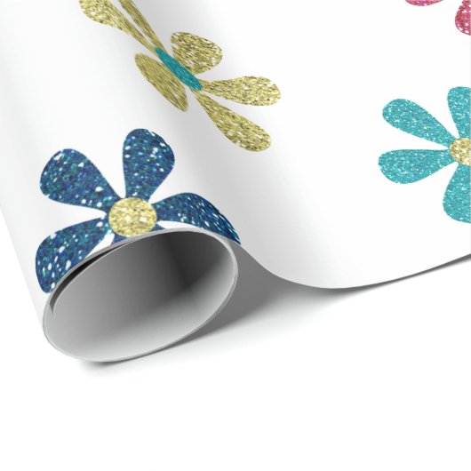 Retro 60er Blume Gold Blue Red Glitzer Sparkone Geschenkpapier (Rolleneckpunkt)