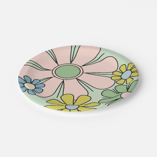 Retro 60er Blume Groovy Pastel Floral Pappteller (Schrägansicht)