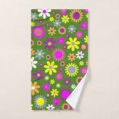 Retro 60er Blume Grün Gelb Lila Blumendesign Badhandtuch Set (Handtuch)