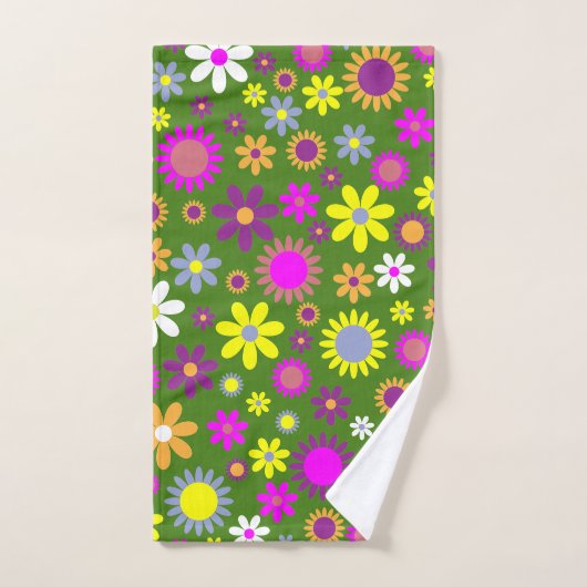 Retro 60er Blume Grün Gelb Lila Blumendesign Badhandtuch Set (Handtuch)