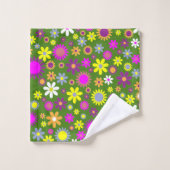 Retro 60er Blume Grün Gelb Lila Blumendesign Badhandtuch Set (Waschlappen)