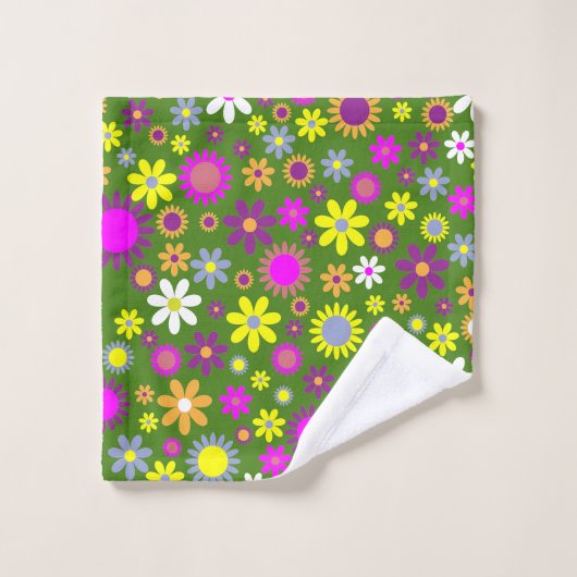 Retro 60er Blume Grün Gelb Lila Blumendesign Badhandtuch Set (Waschlappen)