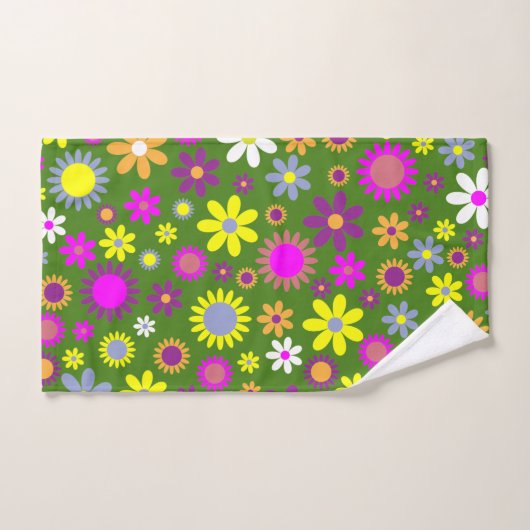 Retro 60er Blume Grün Gelb Lila Blumendesign Badhandtuch Set (Handtuch)