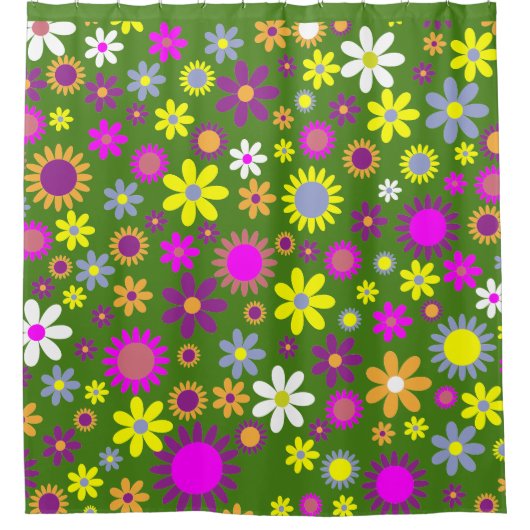 Retro 60er Blume Grün Gelb Lila Blumendesign Duschvorhang (Vorderseite)