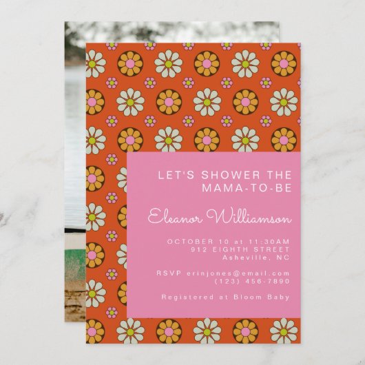 Retro 60er Blume Orange Pink Baby Dusche Foto Einladung (Vorne/Hinten)