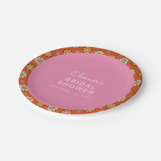 Retro 60er Blume Orange Rosa Brautparty Custom Pappteller (Schrägansicht)