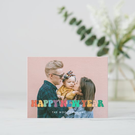 Retro 60er Hippie Fun Happy New Year Foto Postkarte (Stehend Vorderseite)