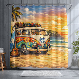 Retro 60er Hippie Strandbus Sonnenuntergang | Surf Duschvorhang