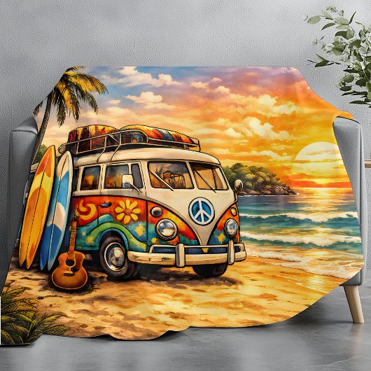 Retro 60er Hippie-Strandbus Sonnenuntergang | Surf Fleecedecke
