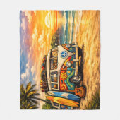 Retro 60er Hippie-Strandbus Sonnenuntergang | Surf Fleecedecke (Vorderseite)