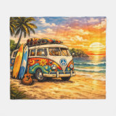 Retro 60er Hippie-Strandbus Sonnenuntergang | Surf Fleecedecke (Vorderseite (Horizontal))
