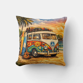 Retro 60er Hippie-Strandbus Sonnenuntergang | Surf Kissen