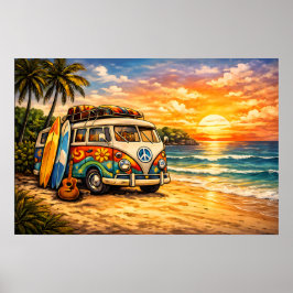 Retro 60er Hippie-Strandbus Sonnenuntergang | Surf Poster