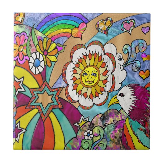 Retro 60er Jahre Psychedelische Sonnenschein Adler Fliese (Vorderseite)