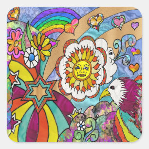 Retro 60er Jahre Psychedelische Sonnenschein Adler Quadratischer Aufkleber