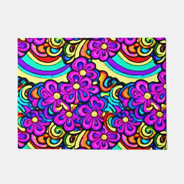 Retro 60er Psychedelic Blume Regenbogenmuster Fußmatte (Vorderseite)